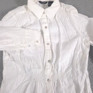 Autograph New York Shirt Womens Small White 100% Linen Smocked Waist Button Down